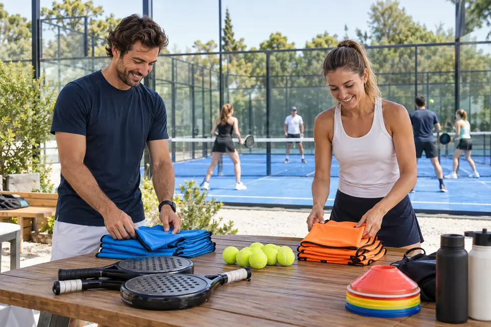 Illustrative scene of organisers preparing a community padel event